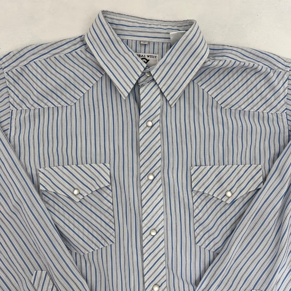 Corral West Ranchwear Mens Size L Button Up Shirt White Blue Striped Pearl Snap - Picture 2 of 8